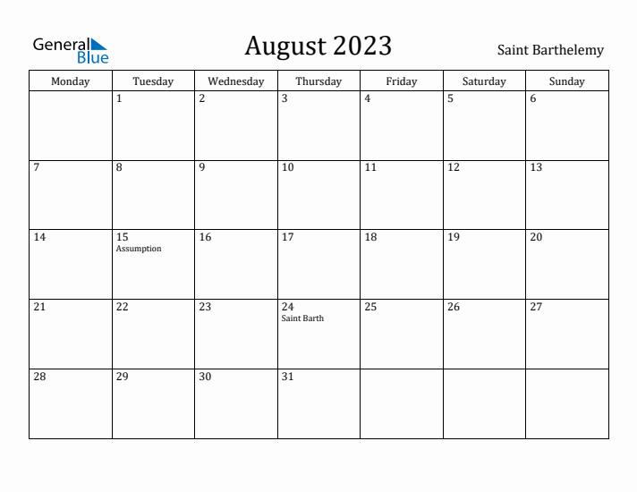 August 2023 Calendar Saint Barthelemy