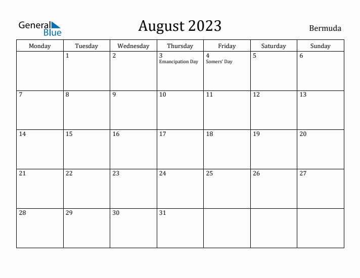 August 2023 Calendar Bermuda