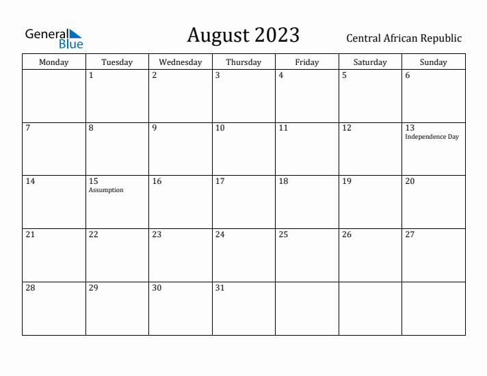 August 2023 Calendar Central African Republic
