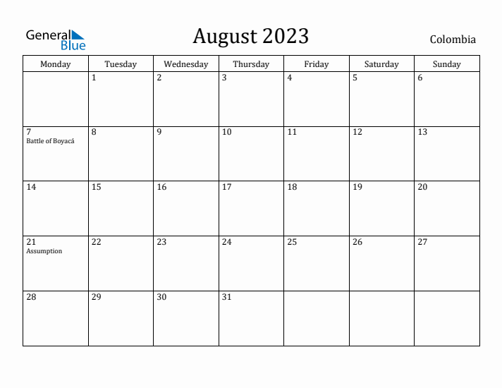 August 2023 Calendar Colombia