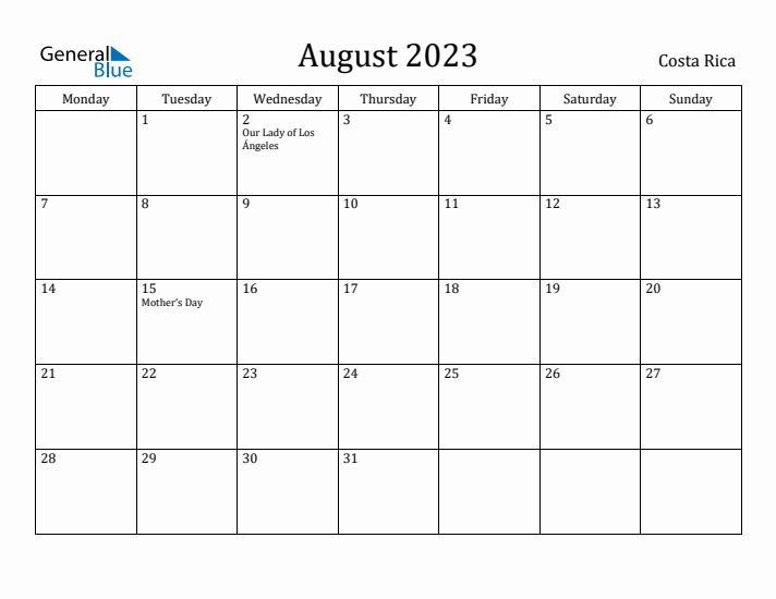 August 2023 Calendar Costa Rica