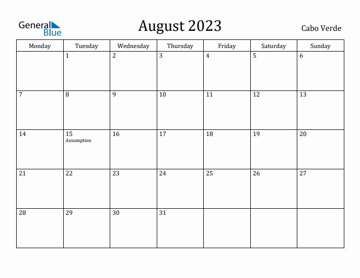 August 2023 Calendar Cabo Verde