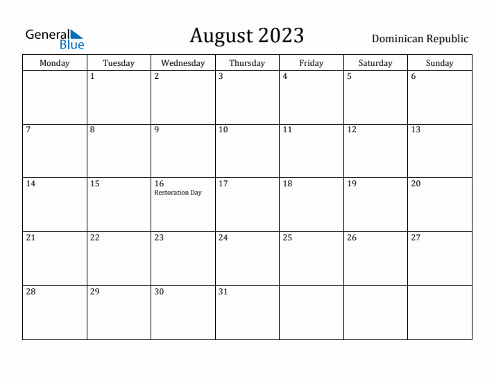 August 2023 Calendar Dominican Republic