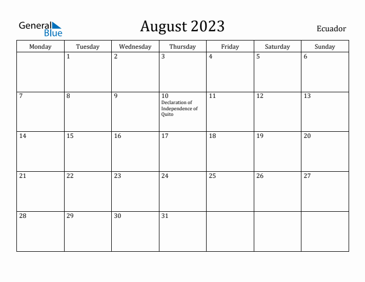 August 2023 Calendar Ecuador