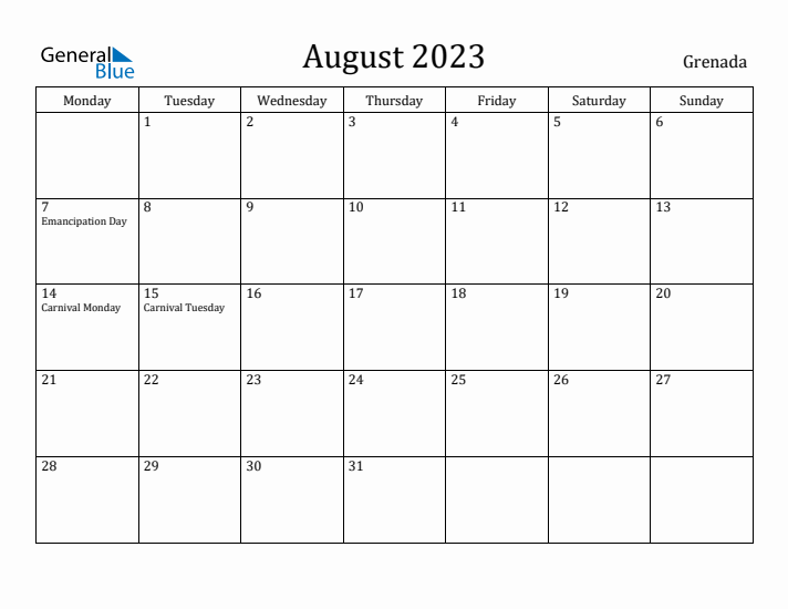 August 2023 Calendar Grenada