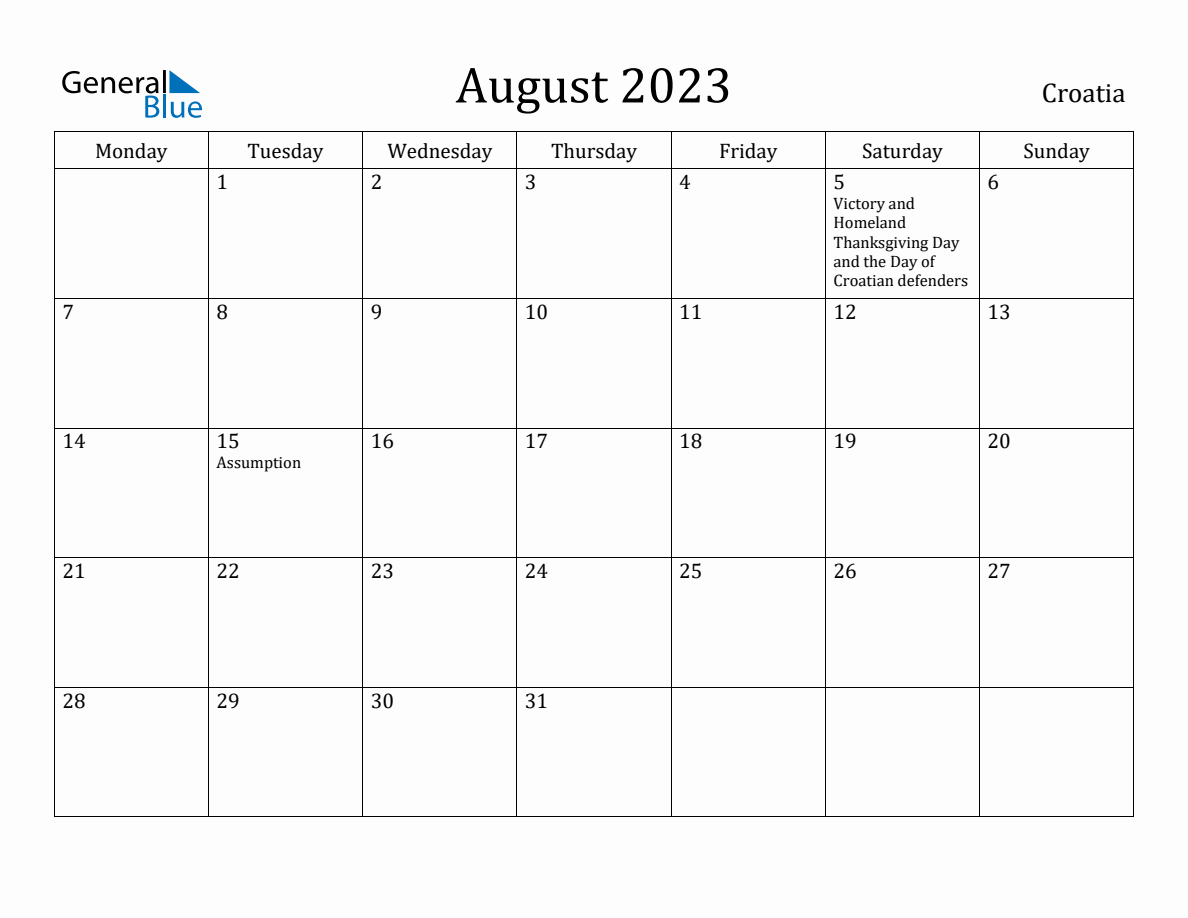 August 2023 Croatia Monthly Calendar with Holidays
