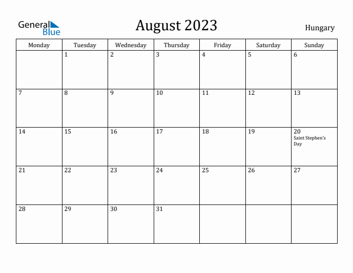August 2023 Calendar Hungary