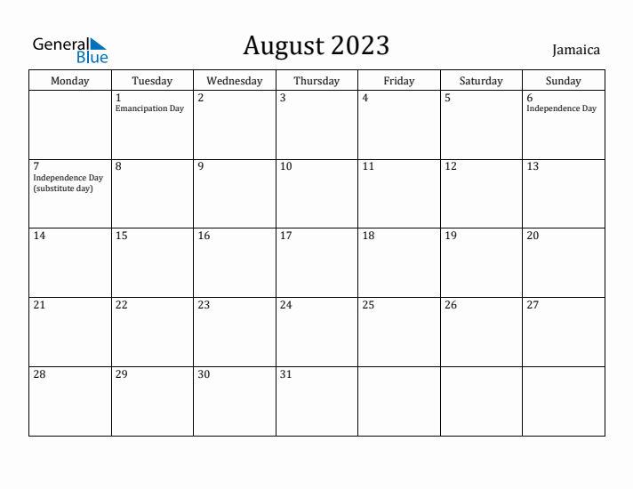 August 2023 Calendar Jamaica