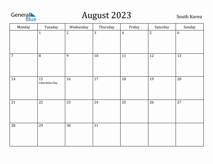 August 2023 Calendar South Korea
