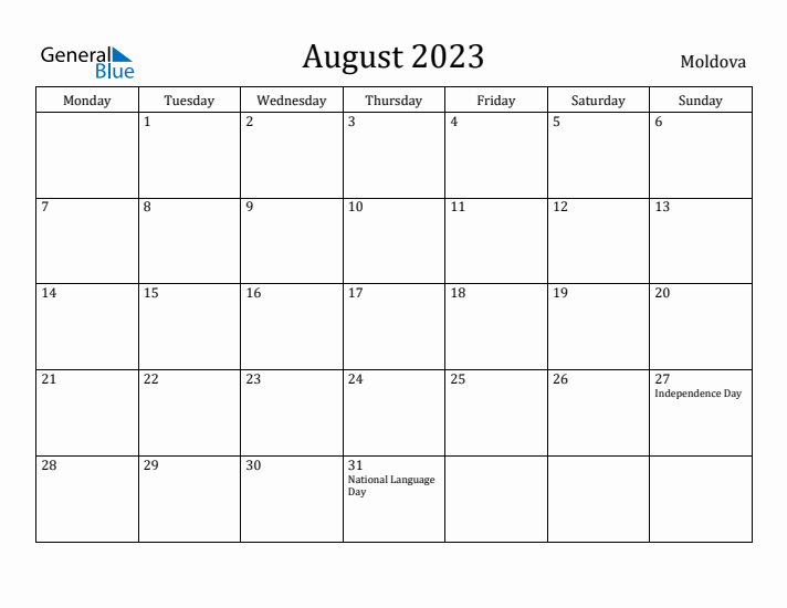 August 2023 Calendar Moldova