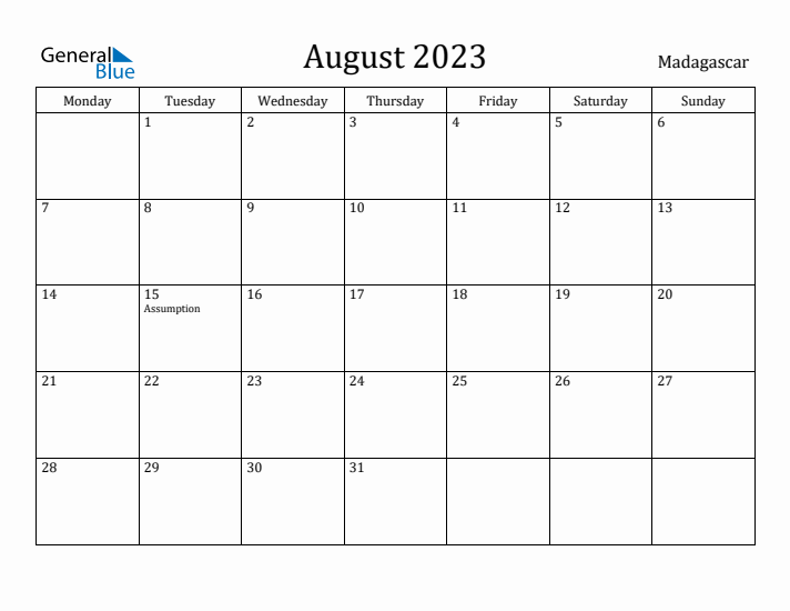 August 2023 Calendar Madagascar