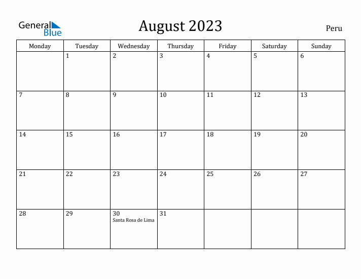 August 2023 Calendar Peru