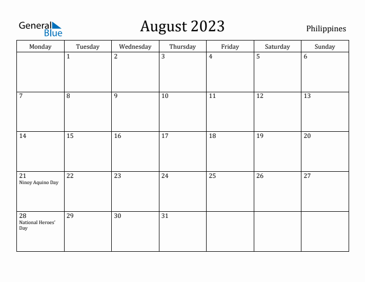 August 2023 Calendar Philippines