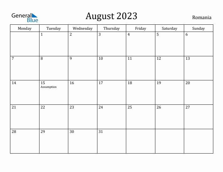 August 2023 Calendar Romania