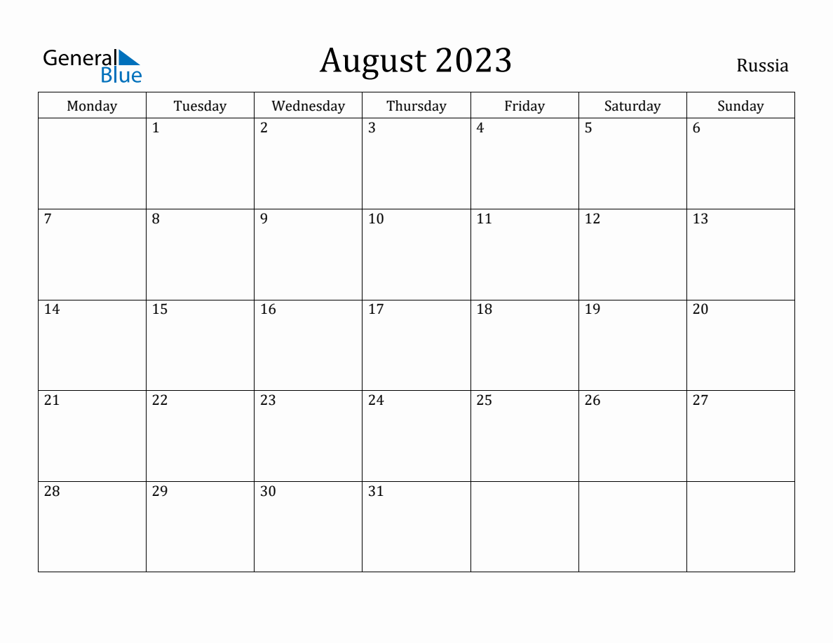 August 2023 - Russia Monthly Calendar with Holidays