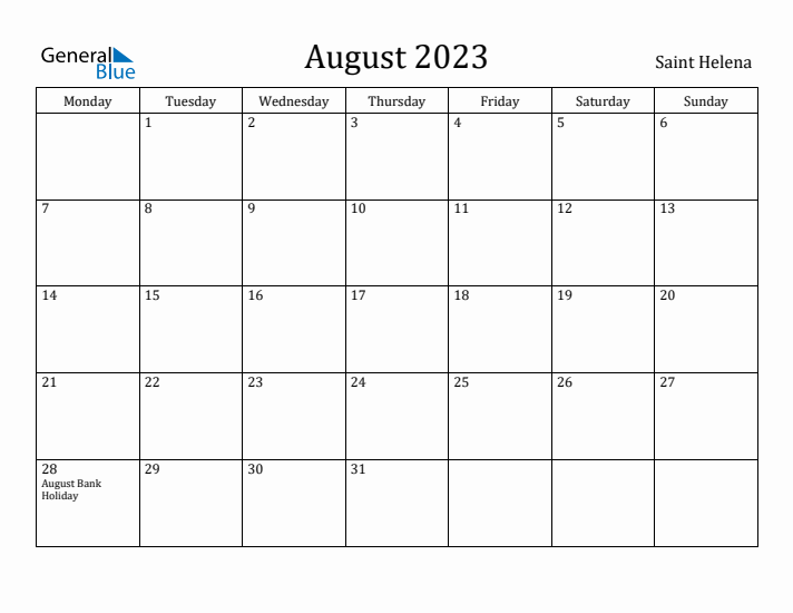 August 2023 Calendar Saint Helena