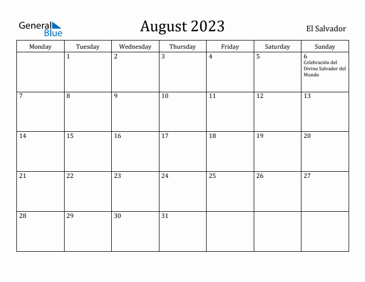 August 2023 Calendar El Salvador