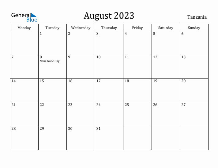 August 2023 Calendar Tanzania