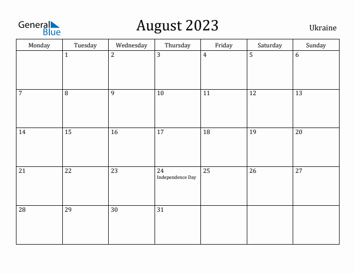 August 2023 Calendar Ukraine