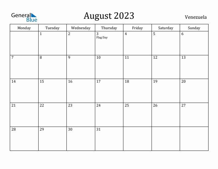 August 2023 Calendar Venezuela