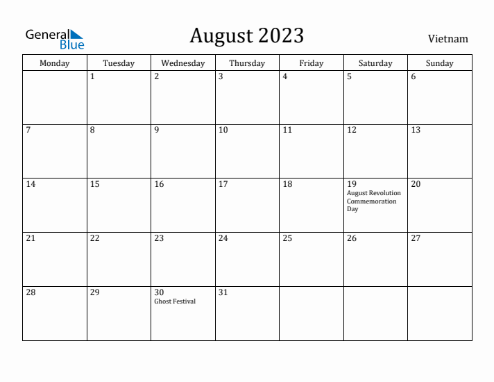 August 2023 Calendar Vietnam
