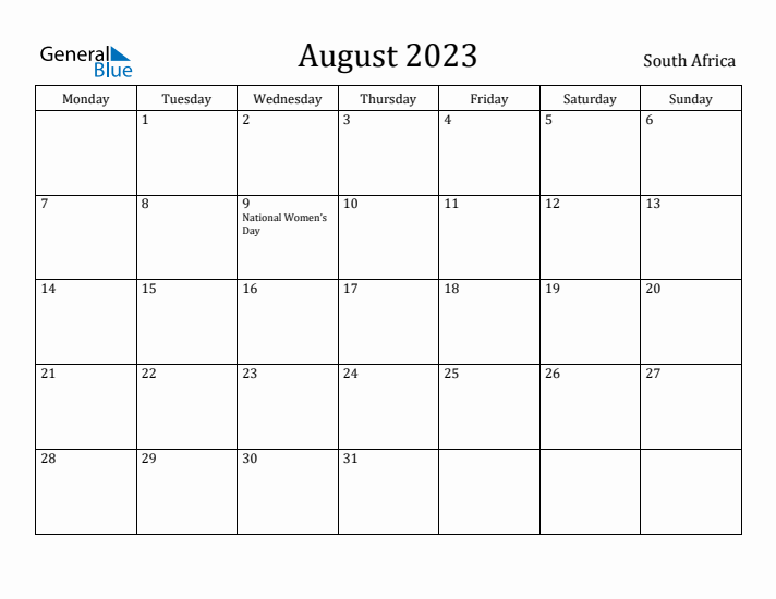 August 2023 Calendar South Africa