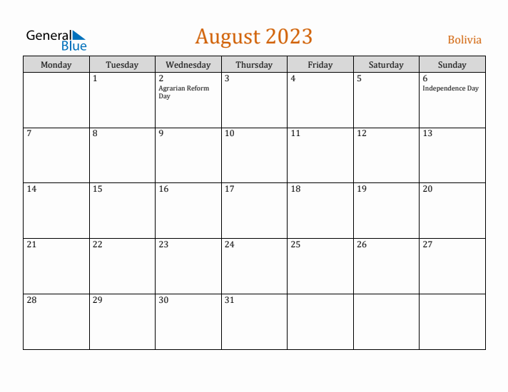 August 2023 Holiday Calendar with Monday Start