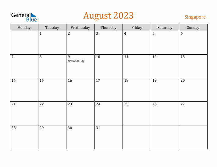 August 2023 Holiday Calendar with Monday Start