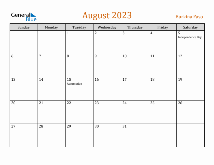 August 2023 Holiday Calendar with Sunday Start