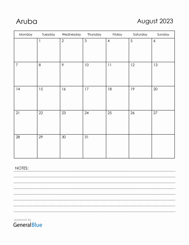 August 2023 Aruba Calendar with Holidays (Monday Start)