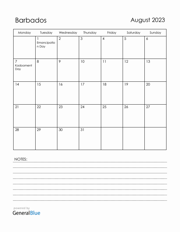 August 2023 Barbados Calendar with Holidays (Monday Start)