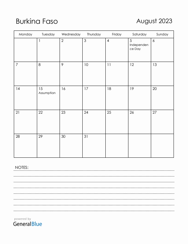 August 2023 Burkina Faso Calendar with Holidays (Monday Start)