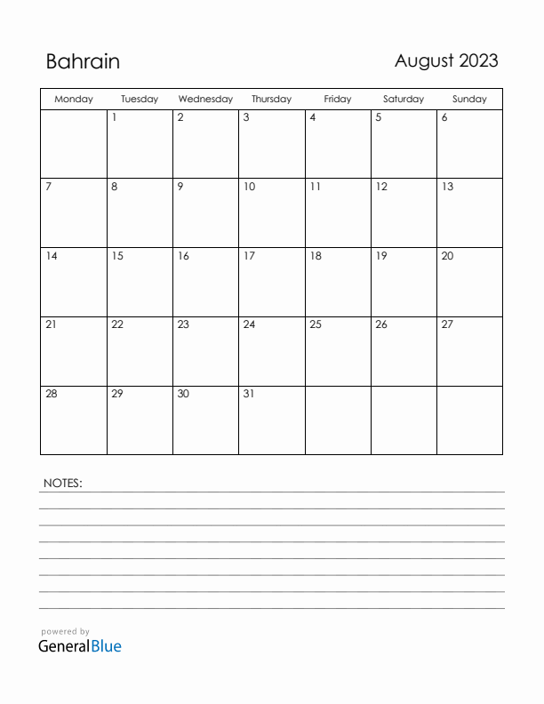 August 2023 Bahrain Calendar with Holidays (Monday Start)