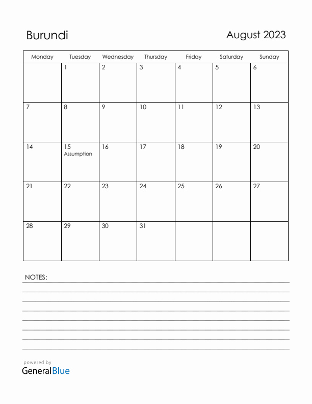 August 2023 Burundi Calendar with Holidays (Monday Start)