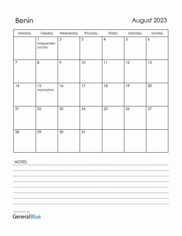 August 2023 Benin Calendar with Holidays (Monday Start)