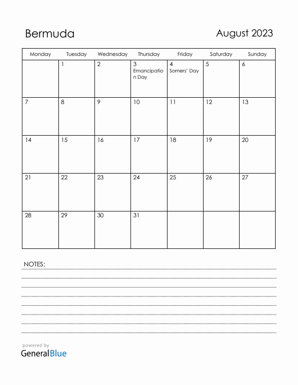 August 2023 Bermuda Calendar with Holidays (Monday Start)