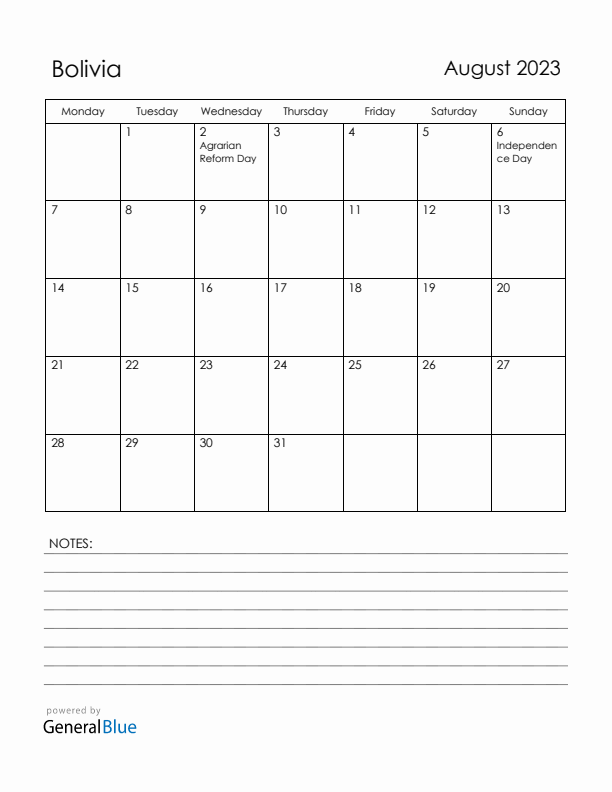 August 2023 Bolivia Calendar with Holidays (Monday Start)