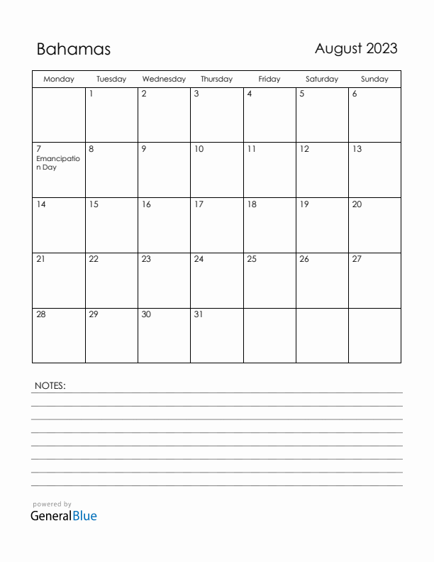 August 2023 Bahamas Calendar with Holidays (Monday Start)