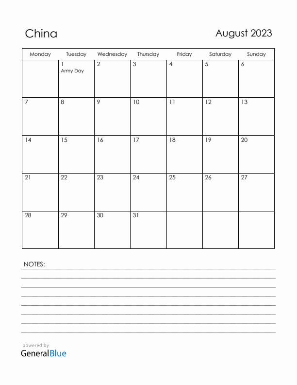August 2023 China Calendar with Holidays (Monday Start)
