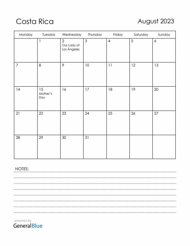 August 2023 Costa Rica Calendar with Holidays (Monday Start)