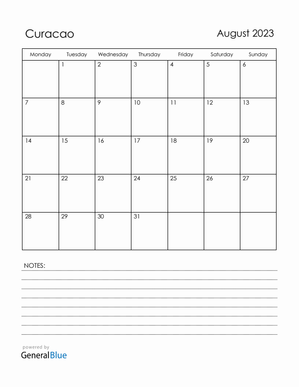 August 2023 Curacao Calendar with Holidays (Monday Start)