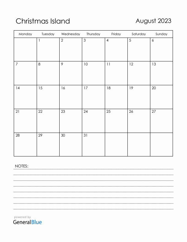August 2023 Christmas Island Calendar with Holidays (Monday Start)