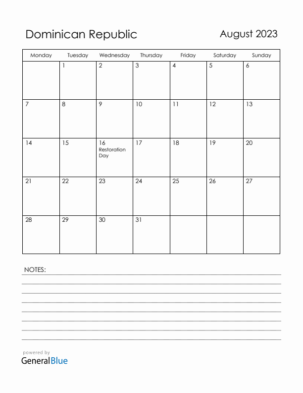 August 2023 Dominican Republic Calendar with Holidays (Monday Start)