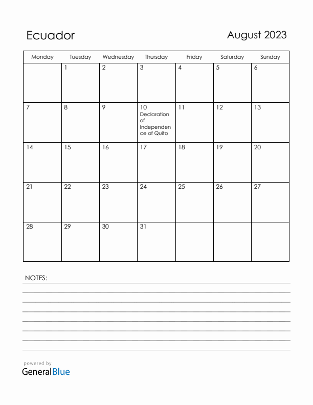 August 2023 Ecuador Calendar with Holidays (Monday Start)