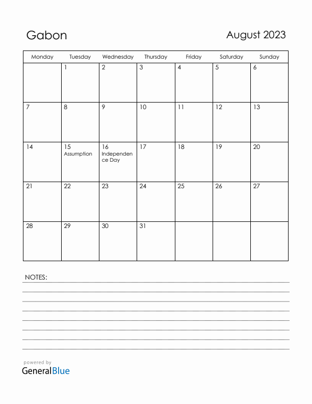 August 2023 Gabon Calendar with Holidays (Monday Start)