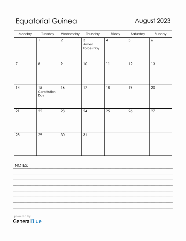August 2023 Equatorial Guinea Calendar with Holidays (Monday Start)