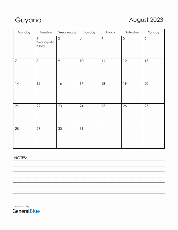 August 2023 Guyana Calendar with Holidays (Monday Start)
