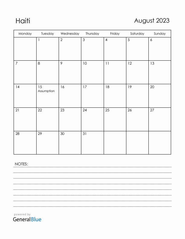 August 2023 Haiti Calendar with Holidays (Monday Start)