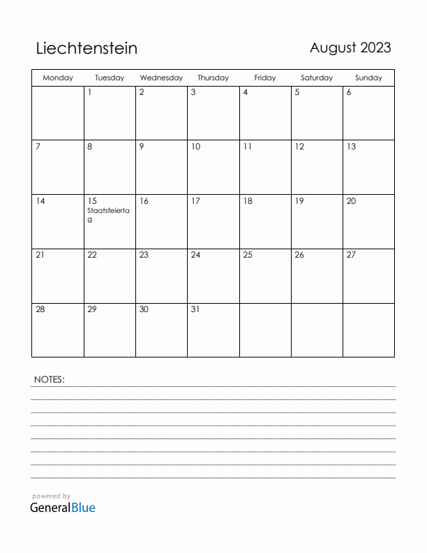 August 2023 Liechtenstein Calendar with Holidays (Monday Start)