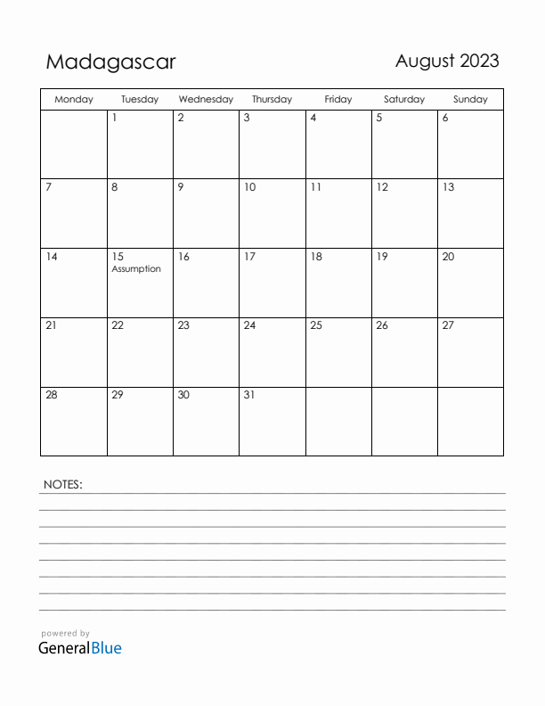 August 2023 Madagascar Calendar with Holidays (Monday Start)